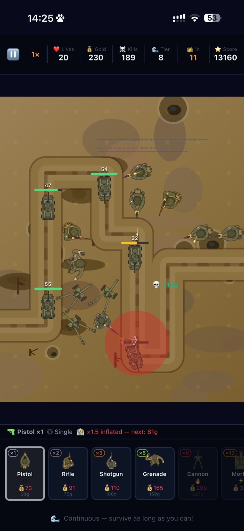 Continuous mode gameplay board