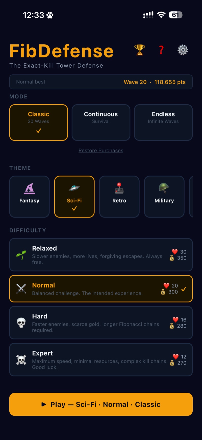 FibDefense home screen — modes, themes, difficulty